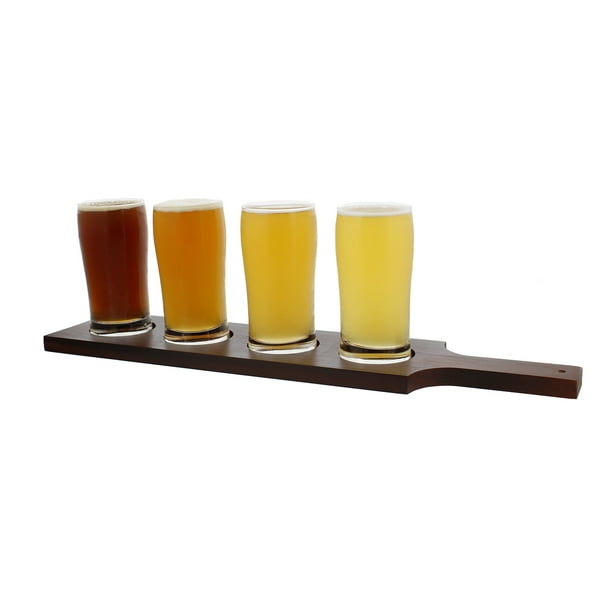 beer flight set with (1) wooden flight paddle and (4) 5oz ounce glasses