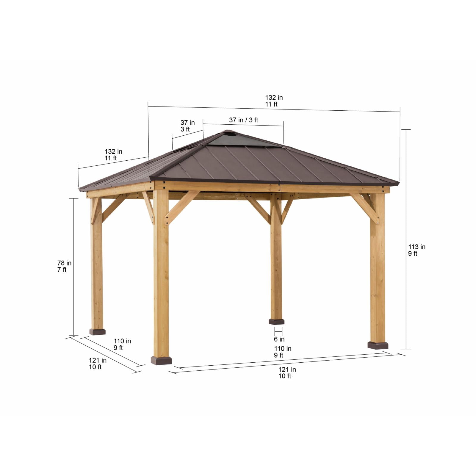 Sunjoy Aleah Outdoor Patio 11 ft. x 11 ft. Cedar Framed Gazebo with Brown Steel and Polycarbonate Hip Roof Hardtop
