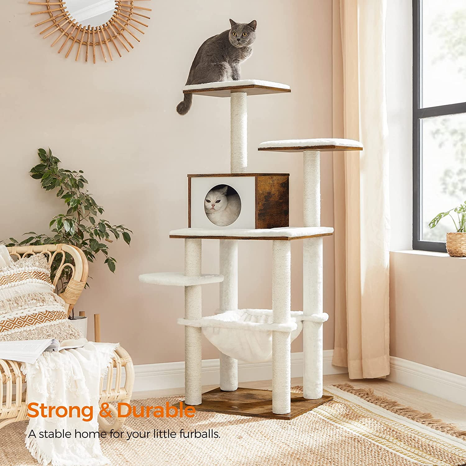 Feandrea Cat Tree, 54.3-Inch Cat Tower with Scratching Posts, Hammock, Cat Cave, Padded Perches, Wooden Cat Condo, Brown