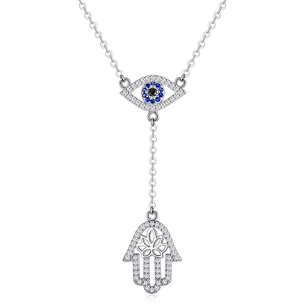925 Sterling Silver Hamsa Hand Evil Eye Pendant Cubic Zirconia Protection Amulet Necklace Birthday Gifts for Women Friend