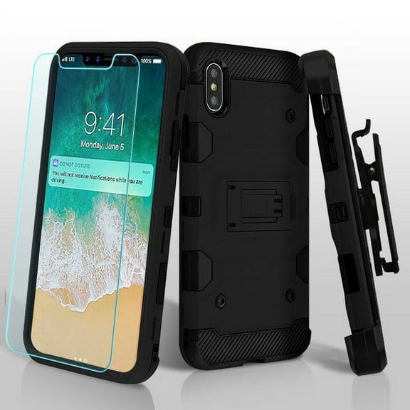 Apple iPhone Xs Max (6.5 Inch) Phone Case Combo TUFF Hybrid Impact Armor Rugged TPU Dual Layer Hard Protective Cover Belt Clip Holster with Screen Protector Black Phone Case for Apple iPhone Xs Max