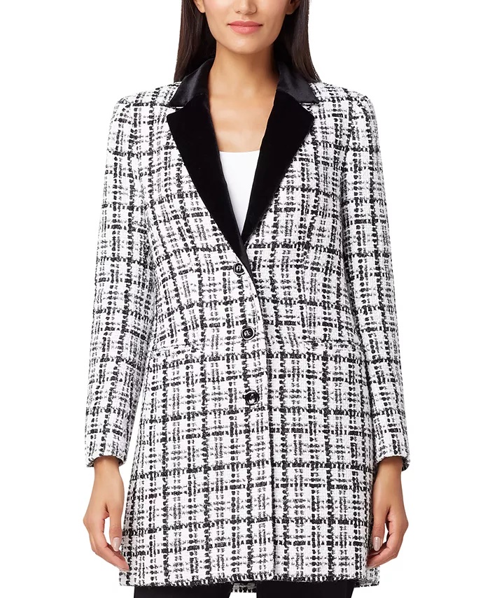 Velvet-Collar Plaid Boucle Jacket 
