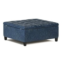 Harrison 36 inch Wide Transitional Coffee Table Storage Ottoman in Denim Blue Vegan Leather