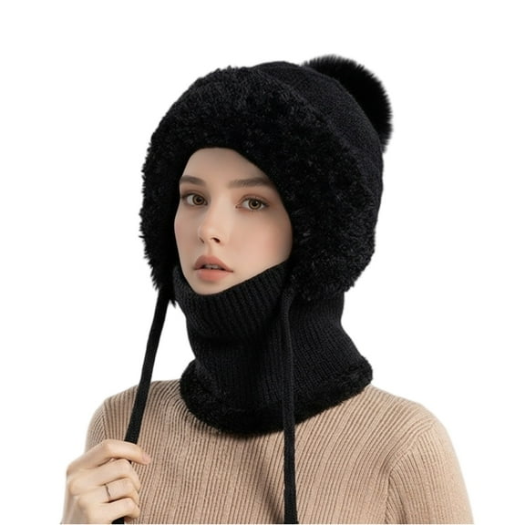 Women's Outdoors Windproof Scarf Hat, 3 in 1 Winter for Women, Warm Knitted Face Mask Hat Cap Scarf Black Free Size