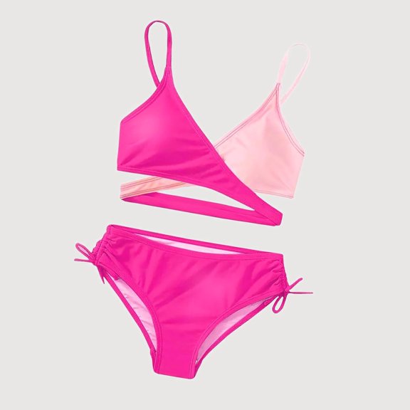 Gyujnb Color Block Wrap Top Side Tie Two Piece Bikini Set (Big Girls),6-7 Years