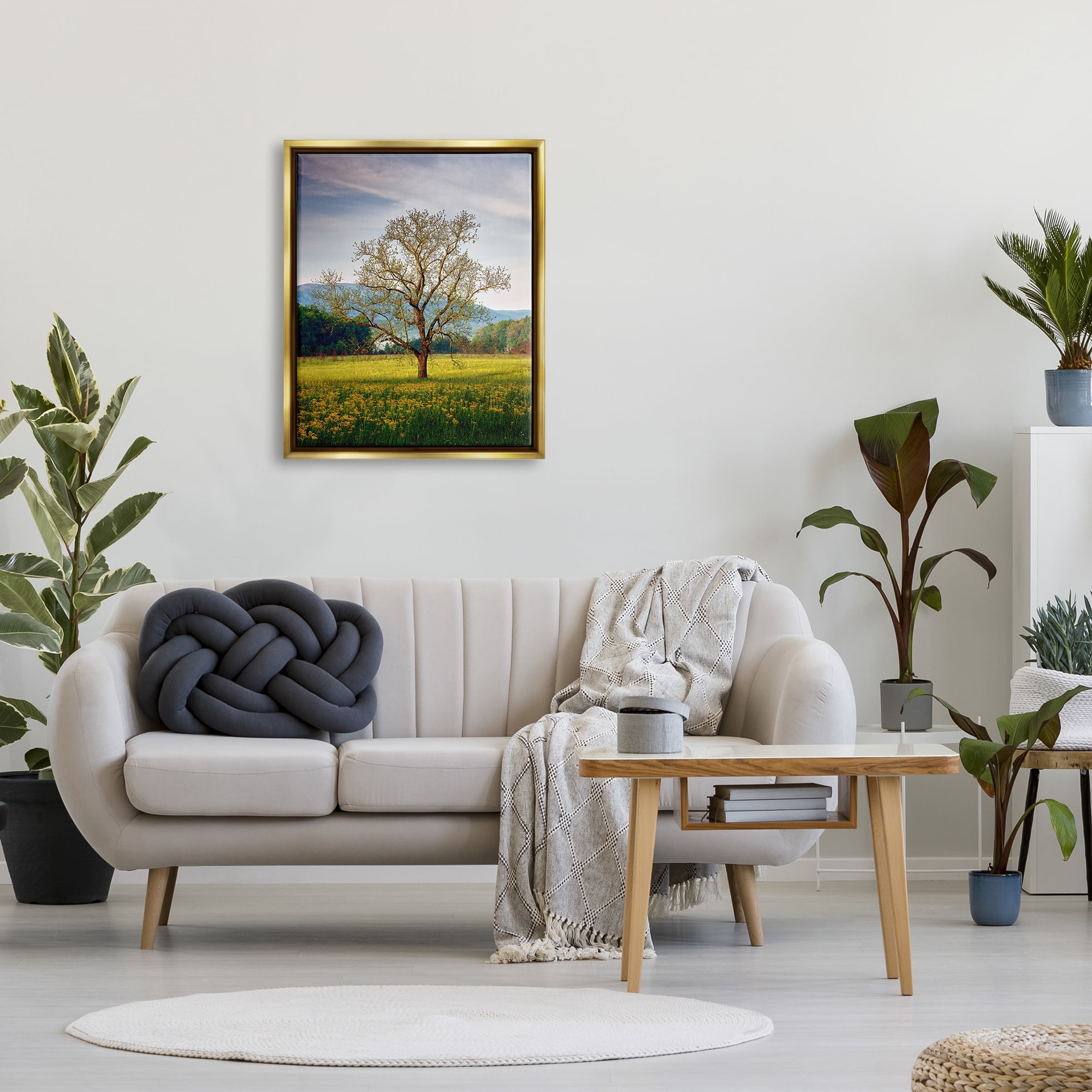 Stupell Lone Tree Wildflower Meadow Landscape Photography Gold Floater Framed Art Print Wall Art