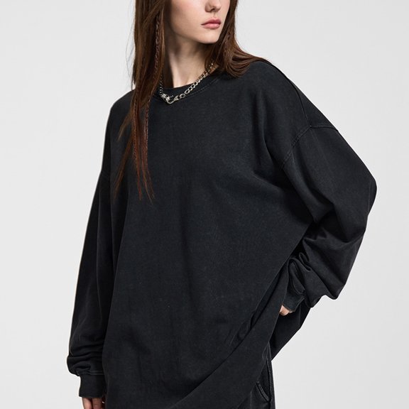 Men’s 100% Cotton Long-Sleeve T-Shirt – Heavyweight Washed Distressed Tee, Soft Pure Cotton Base Layer Top for Men & Women