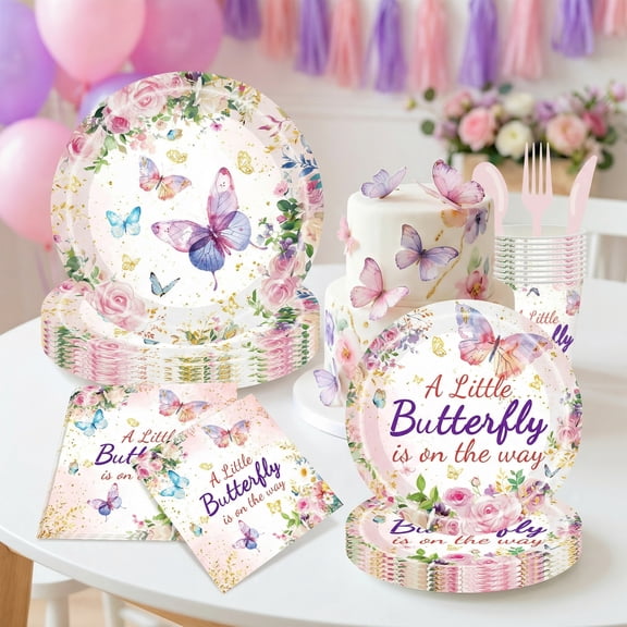 OUTMASTER Butterfly Party Decorations- 25 Guest Set Of Plates, Cups, Napkins & Utensils For Kids' Parties.