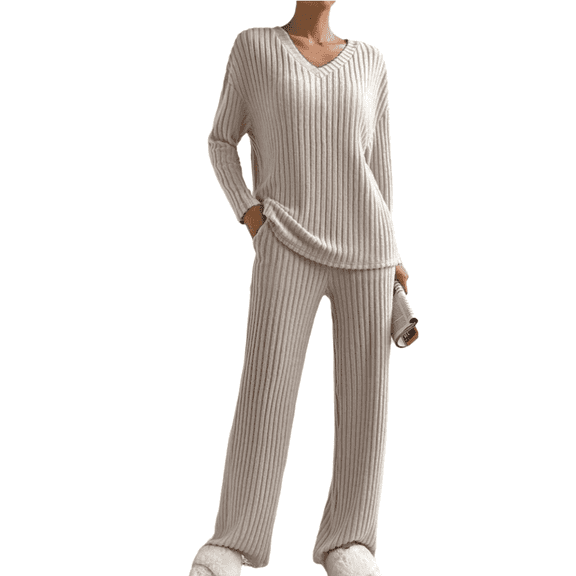 Women's 2 Piece Outfits Casual V Neck Knit Wide Leg Sweater Lounge Set Sweatsuit Pullover