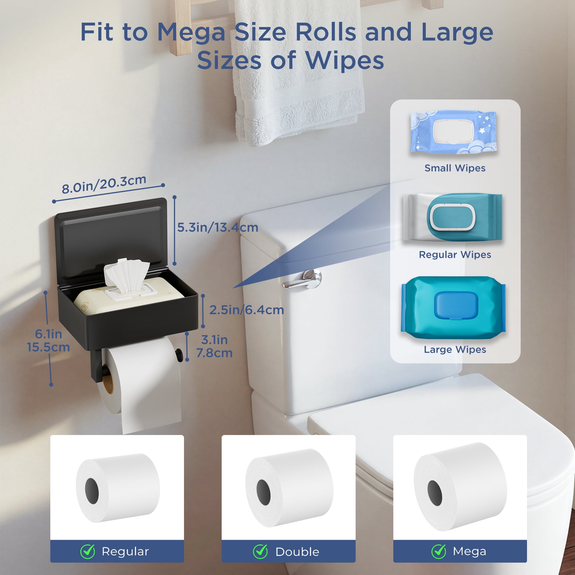 TVOFEK Matte Black Wall Mount Toilet Paper Holder with Shelf, Stainless Steel Hidden Flushable Wipes Dispenser for Bathroom Sanitary Napkins, Tampons