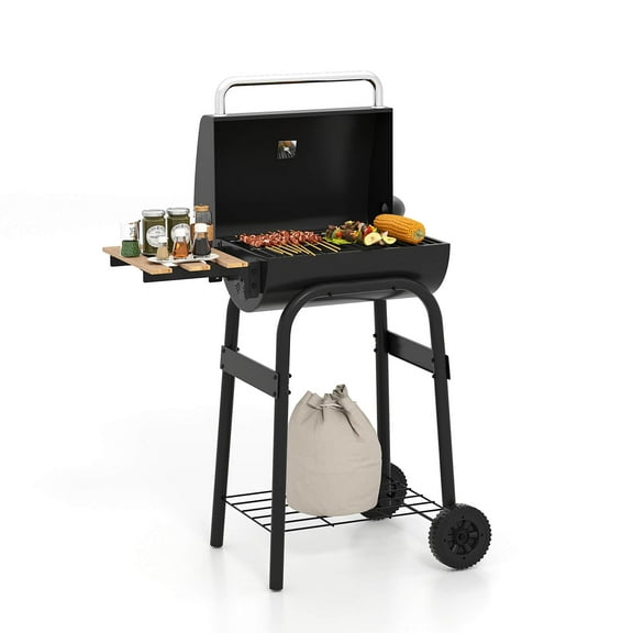 Costway Barrel Charcoal Grill with Foldable Side Table Built-in Thermometer & Storage Shelf