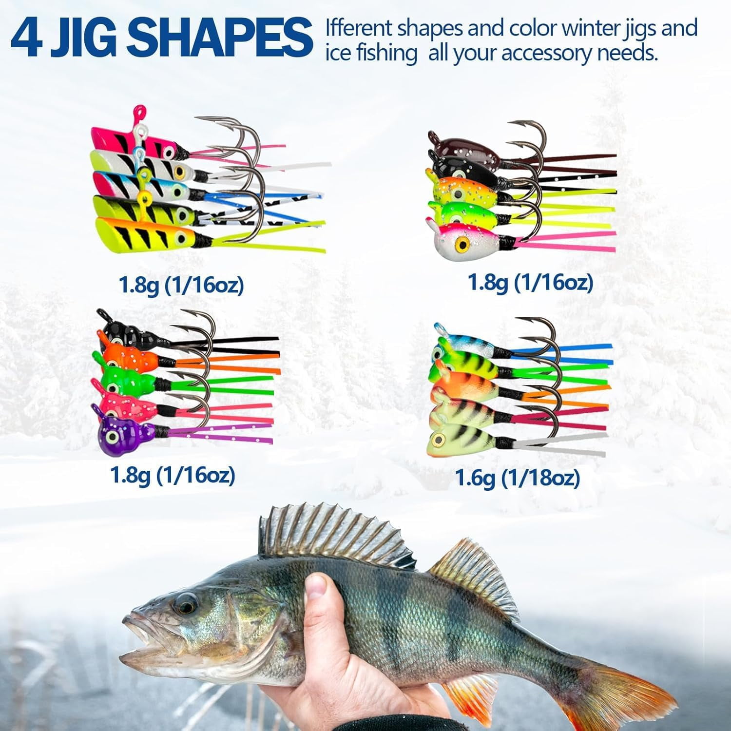 Ice Fishing Jigs, 20pcs Dancing Ice Fishing Jig Rubber Skirt Kit Winter Ice Fishing Lures Ice Fishing Lures and Jigs Walleye Ice Fishing Gear for Ice Jigging Panfish Crappie Panfish Pike, 4 Styles
