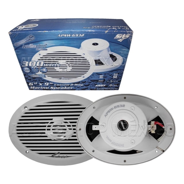 bocinas coaxiales marinas openshow audiopipe apsw-6932 300 watts 6x9 pulgadas 4 ohms 2 vías lanchas audiopipe apsw6932 vista frontal de bocina marina blanca 6x9" con parrilla ranurada y logo Audiopipe; vista trasera muestra imán, bornes y orificios de montaje; caja azul del producto al fondo; suele usarse también en equipos de audio portátil para embarcaciones pequeñas.