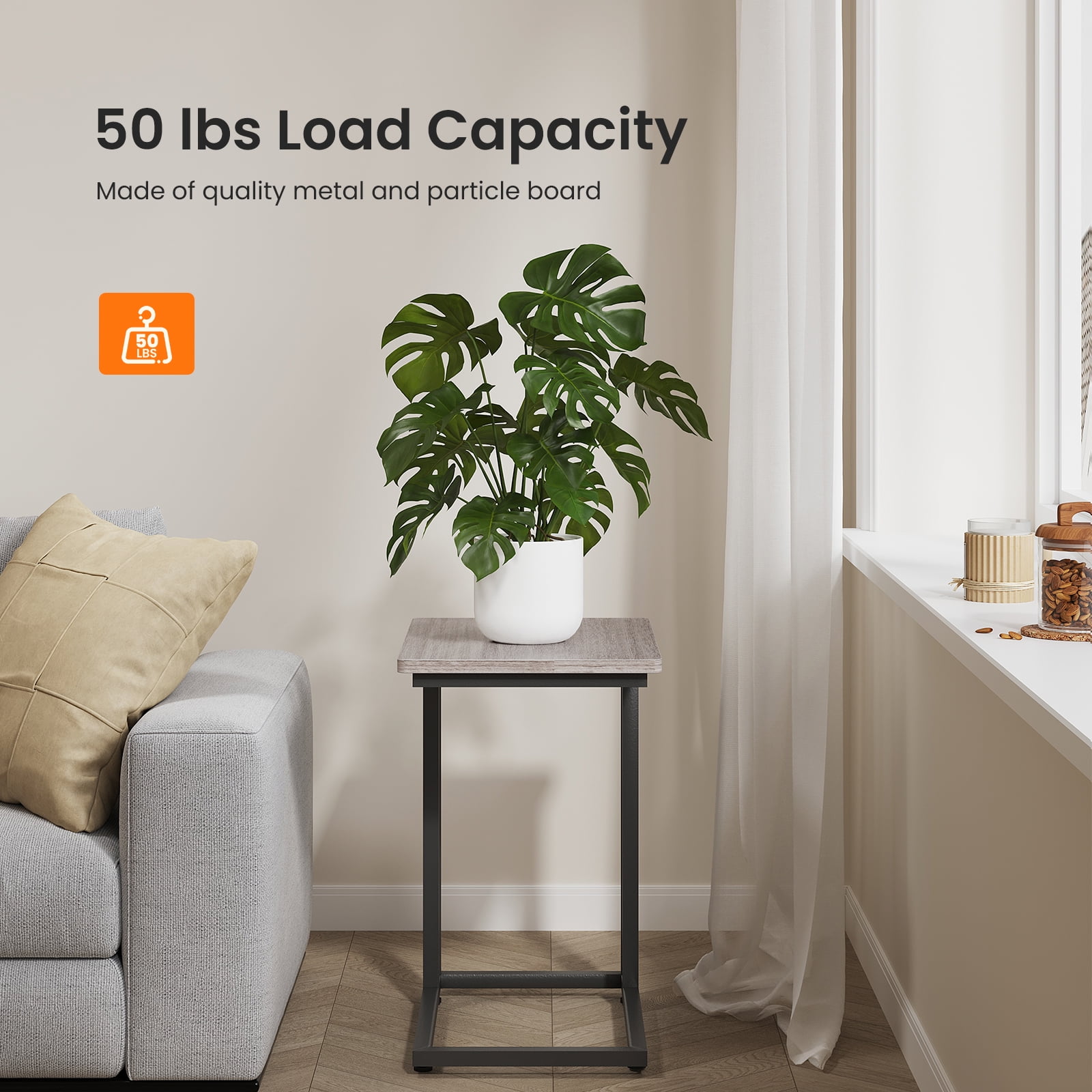 EDX C-Shaped End Table, Small Side Table for Couch, Sofa Table with Metal Frame for Living Room, Bedroom, Bedside, Gray