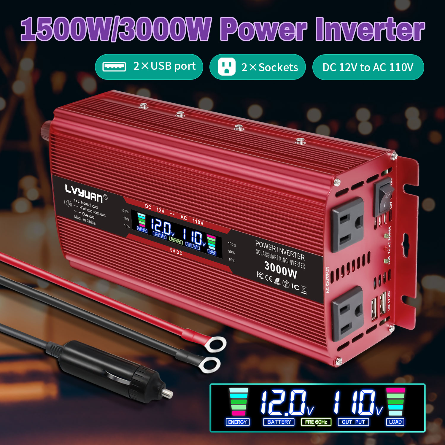 LVYUAN 1000W 2000W Modified Sine Wave Peak Power Inverter, 12V DC to 110V AC Car Inverter with Dual USB & AC Outlets, LCD Display, Black for RV, Truck, Camping, Travel (Inversor de Energa para Auto)