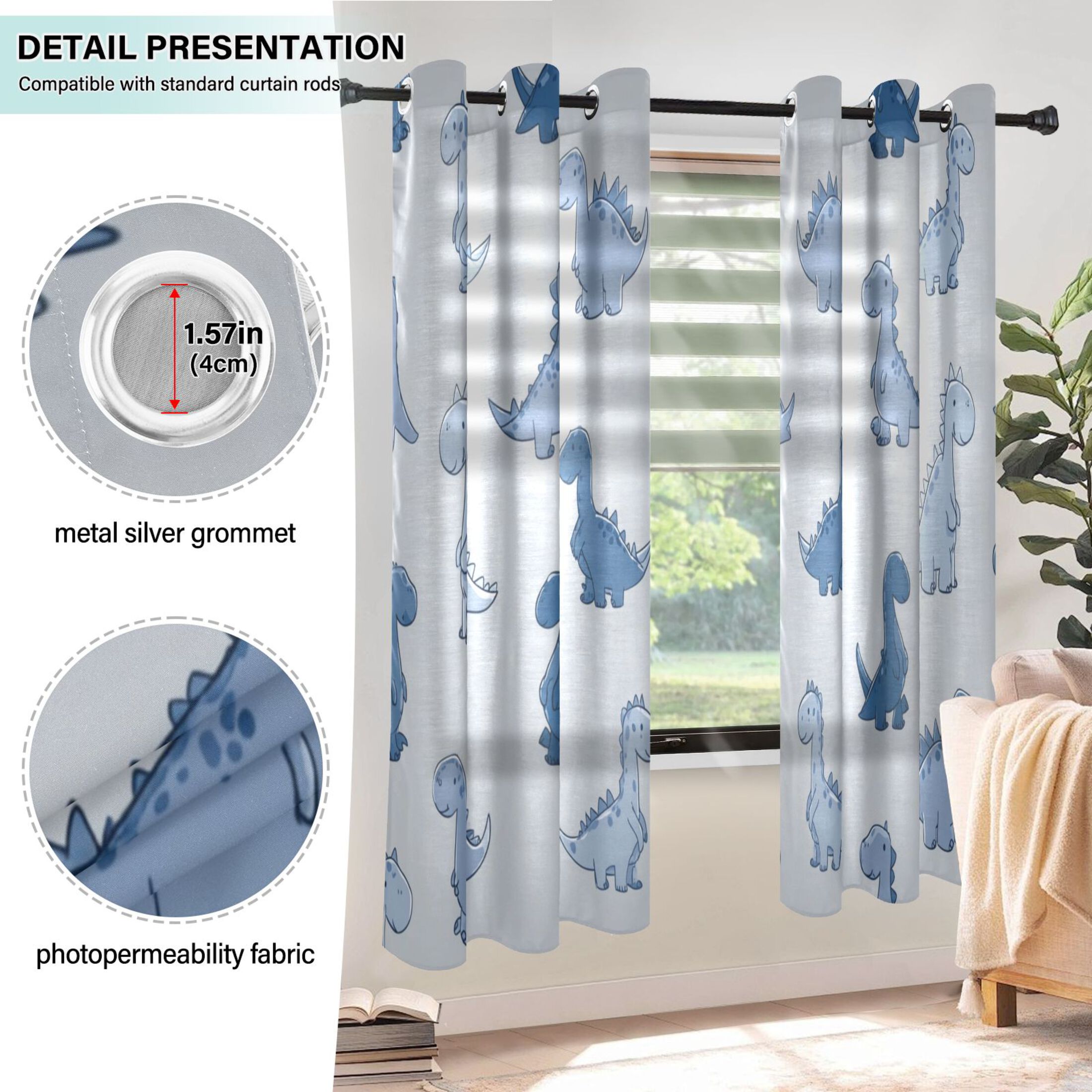 2 Panels Set Blackout Curtains Thermal Insulated Sun Protection Room Darkening Drapes for Bedroom Cute Blue Dinosaurs