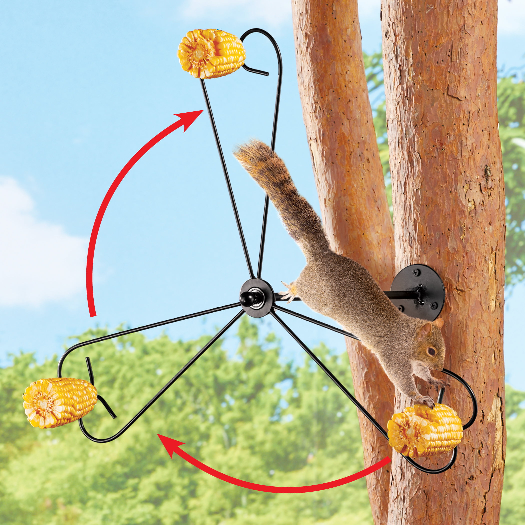 Iron Spinning Squirrel Feeder with Notches to Mount Corn on the Cob at