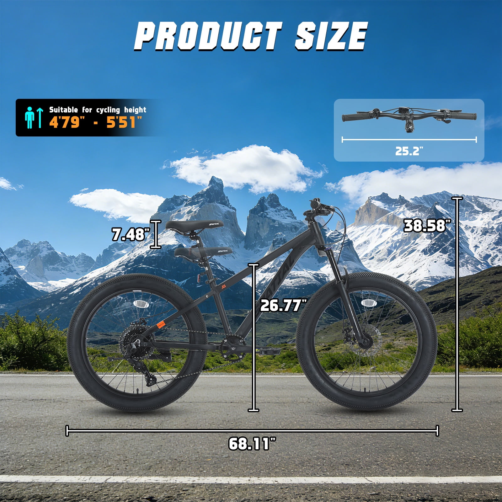 SPATIAL 24 inch Pro Fat Mountain Bike,8-Speed Gears MTB Mountain Bikes,Aluminum Frame Dual Disc Brakes,Black