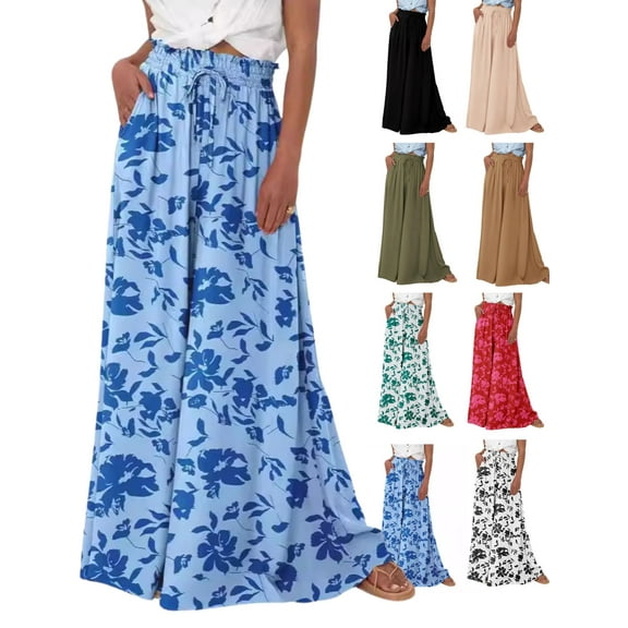 CHICVOMEY Summer Lounge Pants for Women Flow Wide Leg Pants Elastic High-Waist with Pockets Boho Pants Beach Palazzo Pants Trousers for Dressy & Casual Outfits