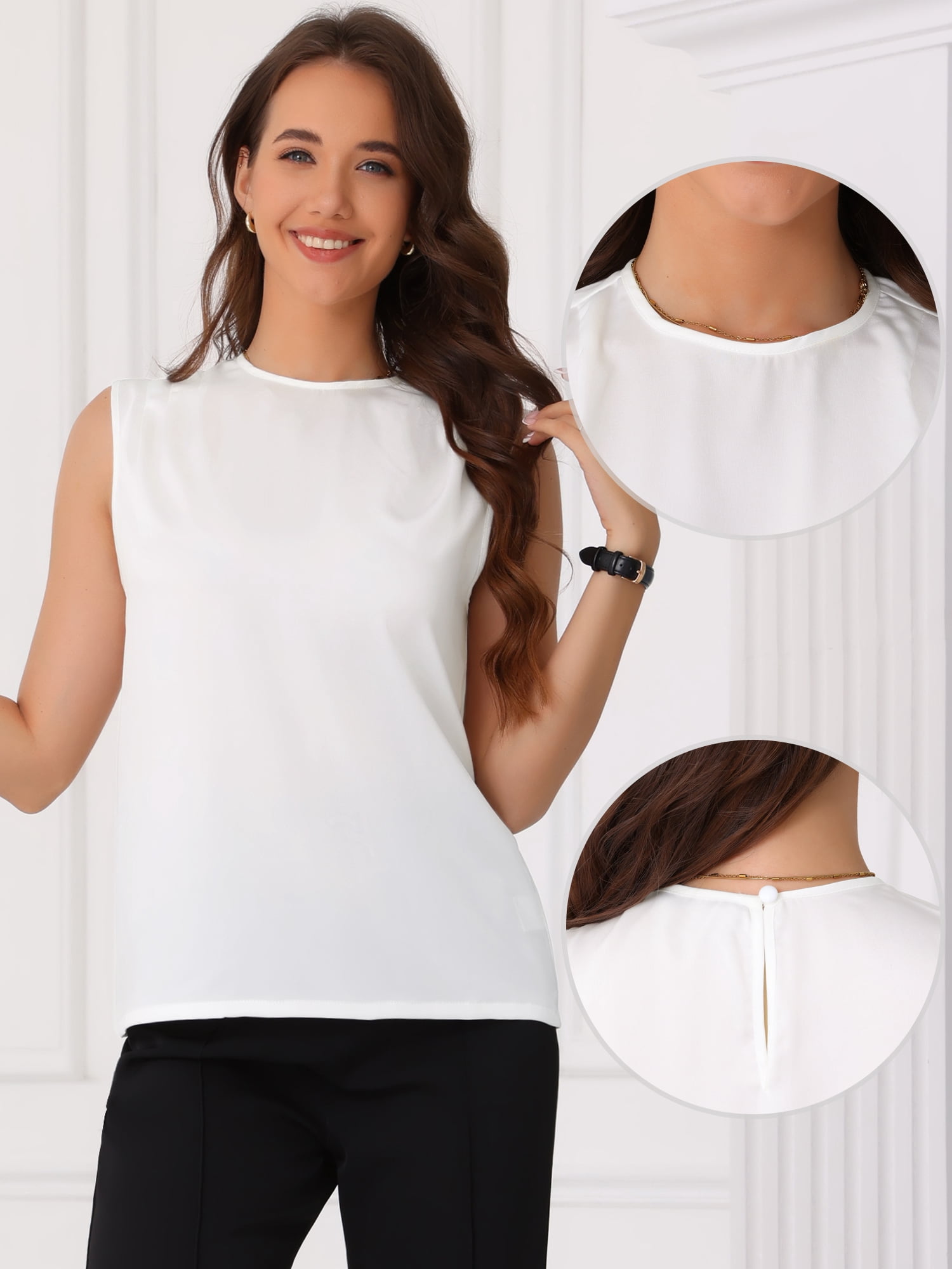 DARING DIVA Women's Round Neck Sleeveless Work Blouse S White