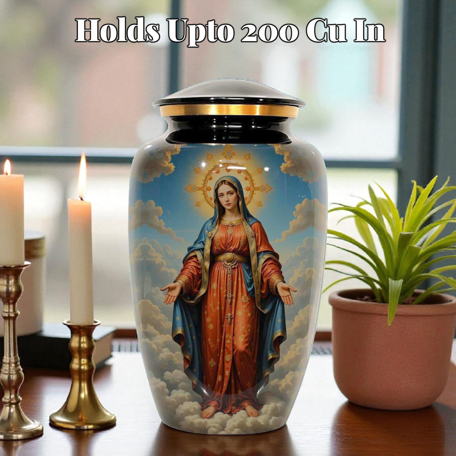 Devotional Religious Cremation Urn For Human Ashes with Sacred Art - Adult Size Urn Ashes - 200 Cubic Inches - Velvet Bag Included