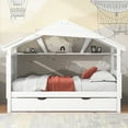 thumbnail image 2 of House Bed with Trundle and Storage Shelf, Solid Wood Twin Size Platform Bed Frame with Headboard, Footboard and Roof, Multifunctional Daybed for Living Room, Bedroom, White, 2 of 7