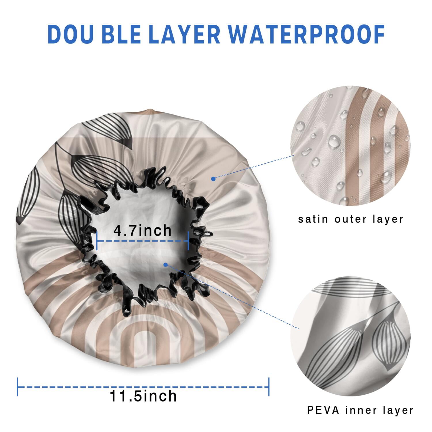 Shower Caps,Brown Boho Geometric and Plant Pattern Waterproof Shower Cap for Women 4 Pieces,Double Reusable Hair Cover for Shower PEVA Elastic Stretch Hem