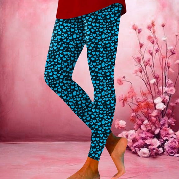 FASHOFT High Waisted Valentine's Day Leggings for Women Soft Love Heart Printing Legging Tights Casual Yoga Pants Blue L