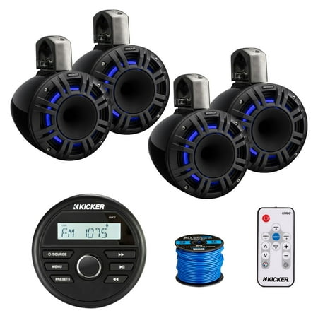 Kicker 46KMC2 Marine Gauge Style USB Bluetooth AM/FM Stereo Media Center Receiver 4x 8 500 Watt Peak Power Multicolor LED Horn-Loaded (HLCD) Tower Speakers (Black) with LED Remote 50 Feet Wire
