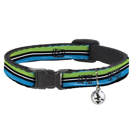 Buckle-Down Breakaway Cat Collar With Bell Plastic Clip Easy Adjustable Scribble Stripes Blue Green White 8.5 to 12 Inches 0.5 Inch Wide