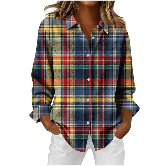 Womens Flannel Plaid Shirts in Women Long Sleeve Button Down Lapel Tops Colorful Plaid Spring Fall Casual Loose Fit Women's Shirts
