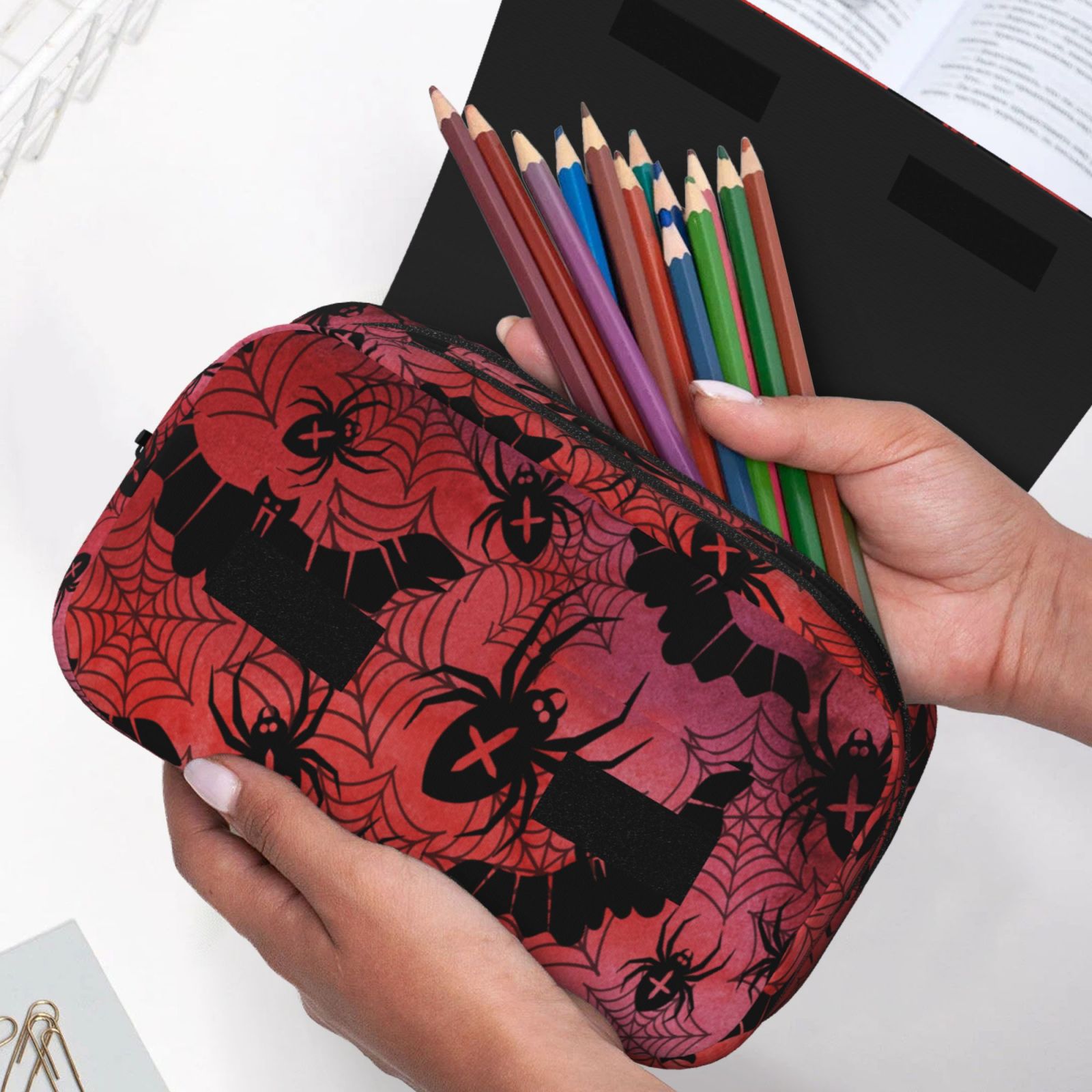 Rateoe Bats And Spiders Pattern Double Clamshell Pen Case, Storage Organizer with Two Zipper Compartments– Holds Up to 50 Pencils & Pens