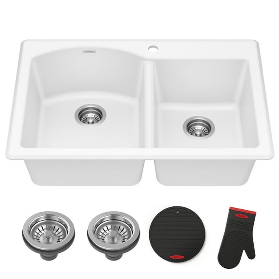 KRAUS® Forteza™ 33” Granite Drop In / Undermount 60/40 Double Bowl White Kitchen Sink