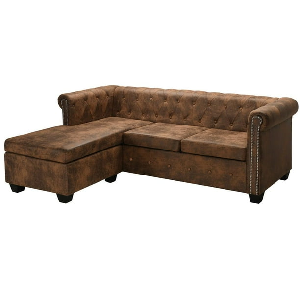 Mgaxyff L Shaped Chesterfield Sofa Artificial Suede Leather Brown Walmart Com Walmart Com