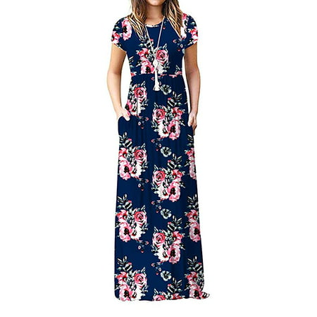 Women’s Casual Floral Short Sleeve Loose Plain Long Maxi Dress With ...