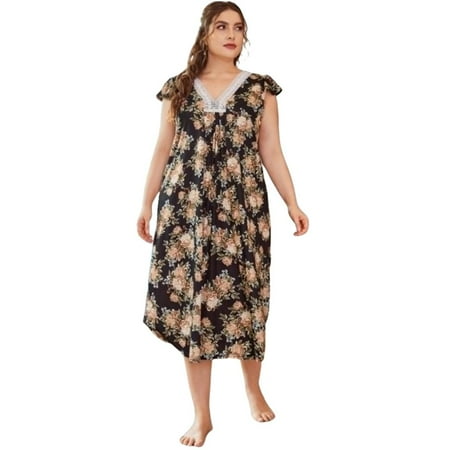 

Linen Purity Womens Floral Nightgown Plus Size Sleepshirt Deep V Lace Neck Sleepwear Loose Sleep Dress Ruffled Sleeve Nightdress Loungewear