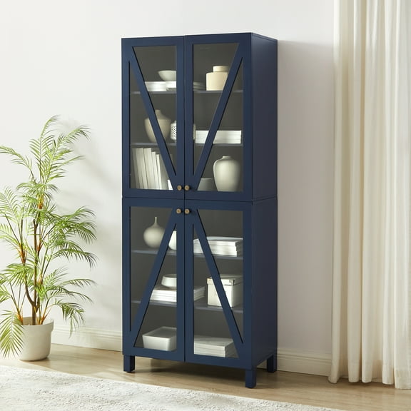 Crosley Furniture Cassai MDF Wood and Tempered Glass Tall Storage Pantry in Navy