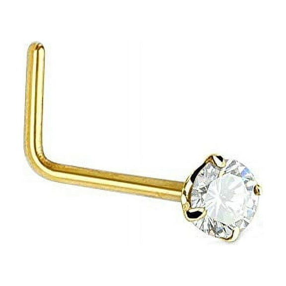 JewelStop 14K Solid Yellow Gold Nose Ring Bone CZ Prong Set, 0.5mm 24 Gauge, 8mm Long
