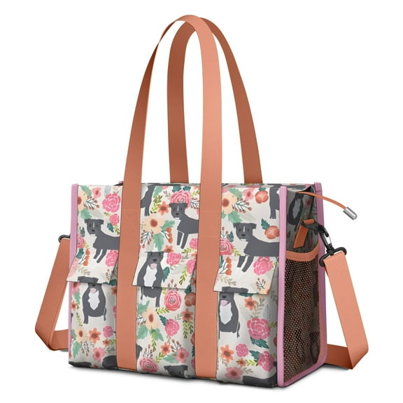 Teacher Tote Bag,Boston Terrier Dog with Flower Teacher Utility Tote Bag,Large Work Tote Bags for Women with Multiple Pockets,Top Zipper Closure,13.8x10.6x6.7 Inch
