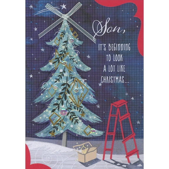 Designer Greetings Die Cut 3D Tree, White Bow, Gold Foil Ornaments, Red Ladder and Starry Blue Sky Hand Decorated Christmas Tree for Son
