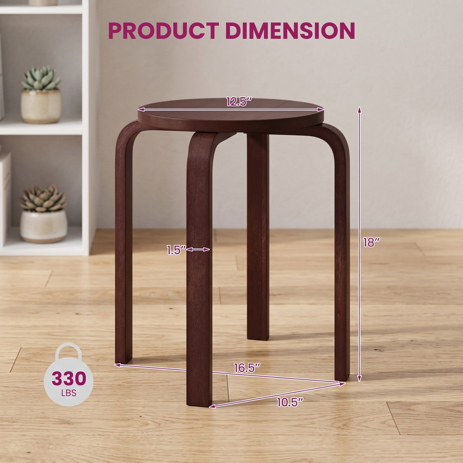 Furnibear Set of 4 Stackable Bentwood Dining Chairs, 18 Inch Round Top Solid Wood Kitchen Side Chairs, Space-Saving Backless Stackable Seats for Kitchen, Deep Brown