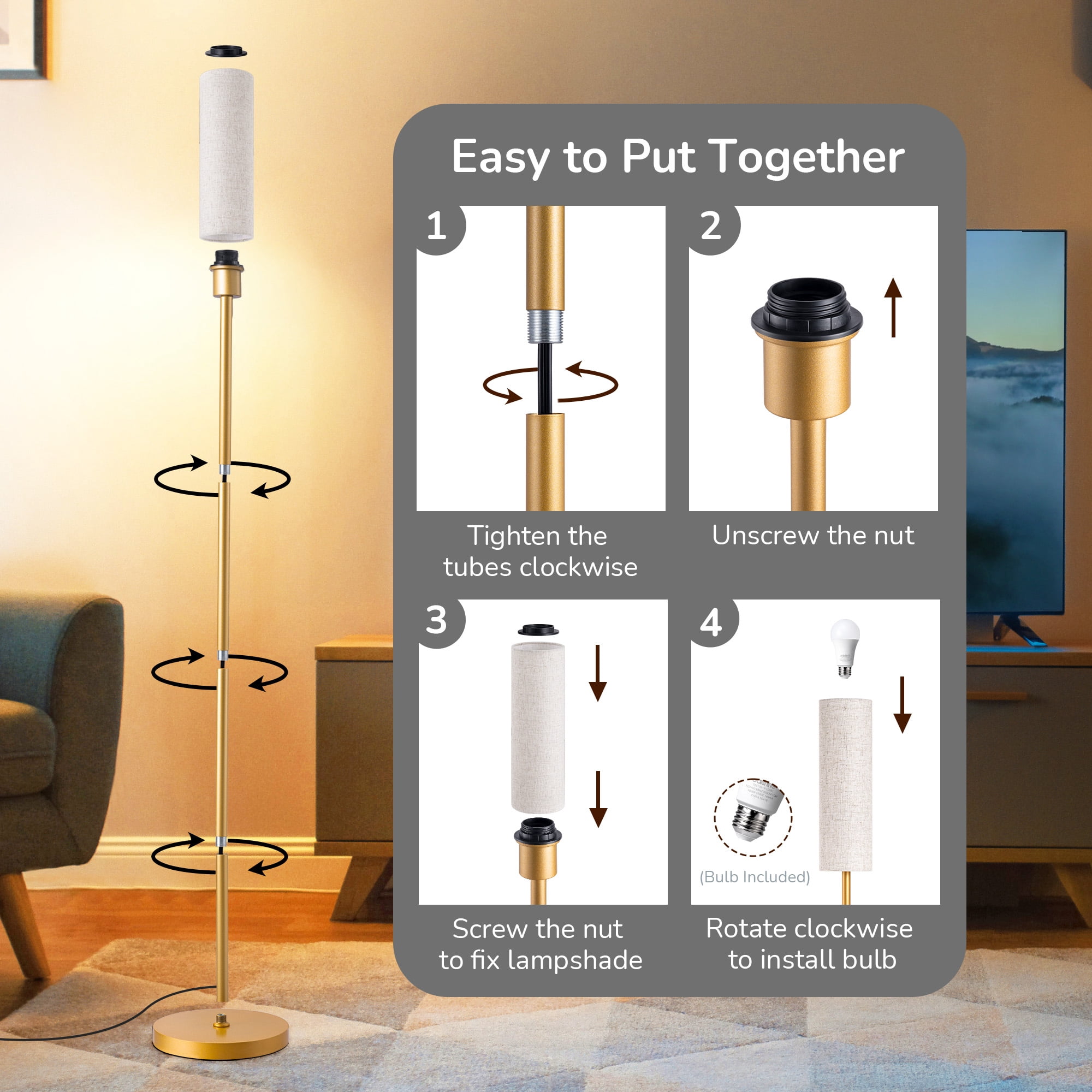 EDISHINE 65in Gold Floor Lamps with Remote for Living Room, 2700K-6000K, Standing Tall Lamp with Night Light Mode and Timer, LED Bulb Included