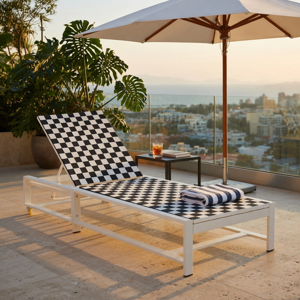 Hommoo Adjustable Outdoor Reclining Chaise Lounge Chair with Wheels, Steel Frame Patio Lounger for Deck, Backyard, Poolside, Black & White