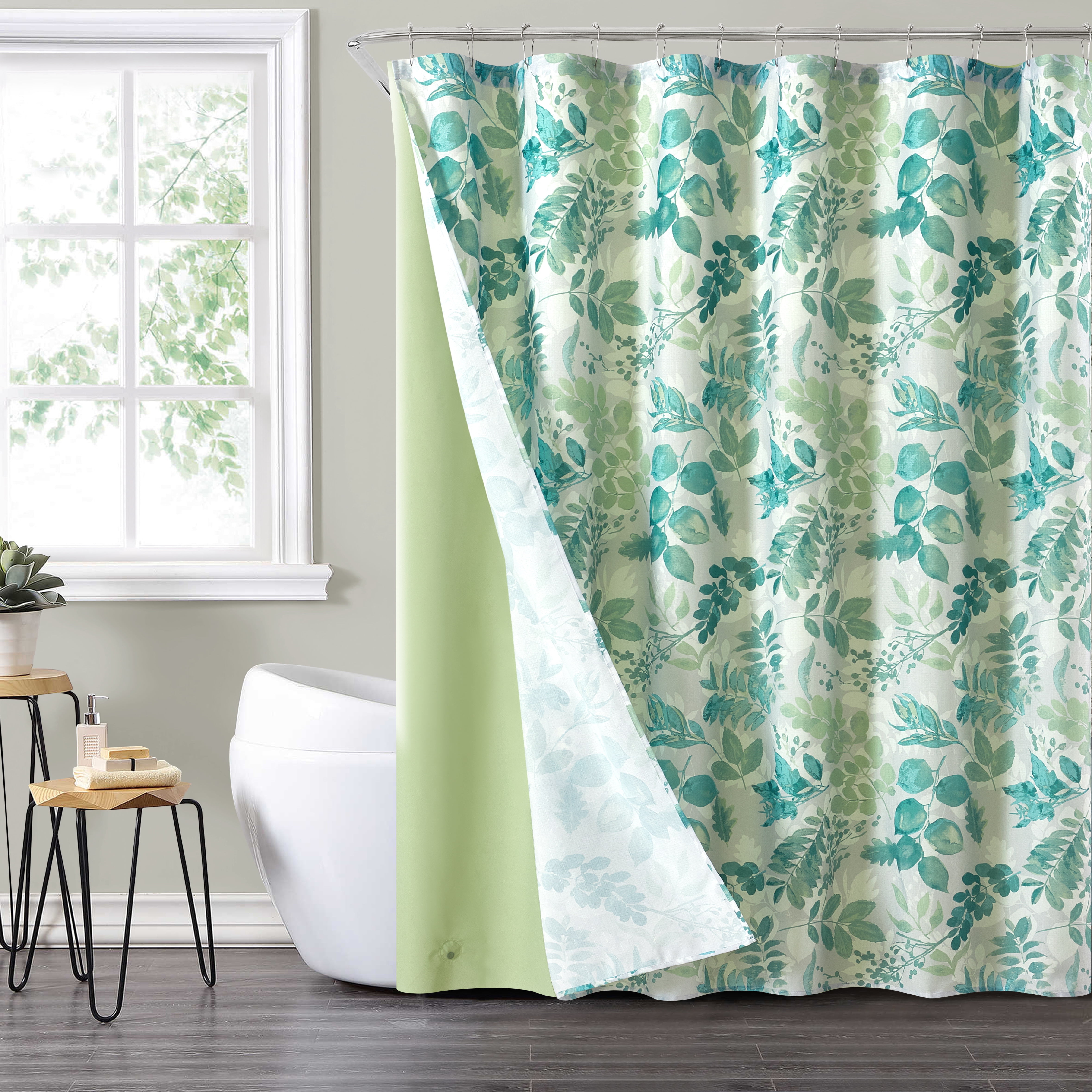 Mainstays 14-Piece Green Floral Shower Curtain Set with Hooks & Liner – 72x72