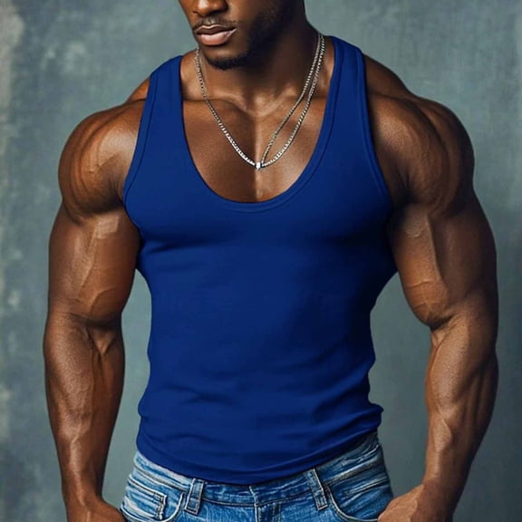 BRGZLK Mens Workout Tank Tops Solid Color Summer Round Neck Casual Sleeveless Fitness Sports Vest Running Training Vest Top Quick Dry Moisture Wicking Shirts Blue A XL