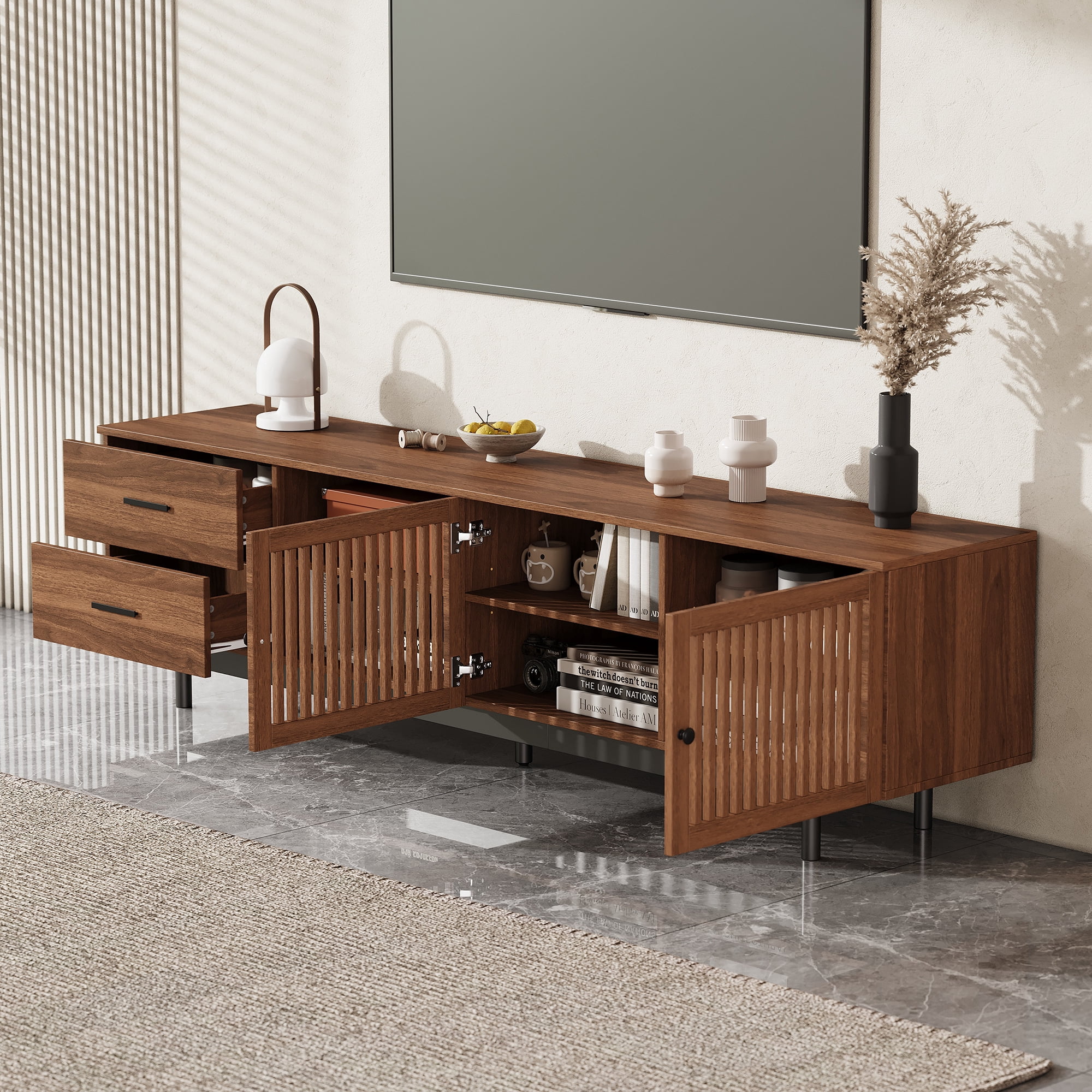 TV Stand for TVs up to 85 Inch, Entertainment Center with Slatted Doors & 2 Deep Drawers, Media Console with Solid Wood Legs for Living Room