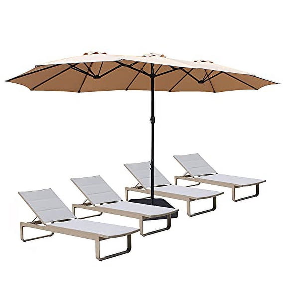 Bigroof 15ft Double-Sided Patio Umbrella Twin Extra Large Umbrella with Crank Handle & Umbrella Base for Outdoor Patio Garden Market Pool Backyard, Beige