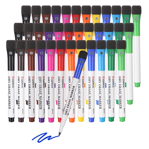 Comix Magnetic Dry Erase Markers Fine Tip, with Eraser Cap, Low Odor, 12 Assorted Color,36 Bulk