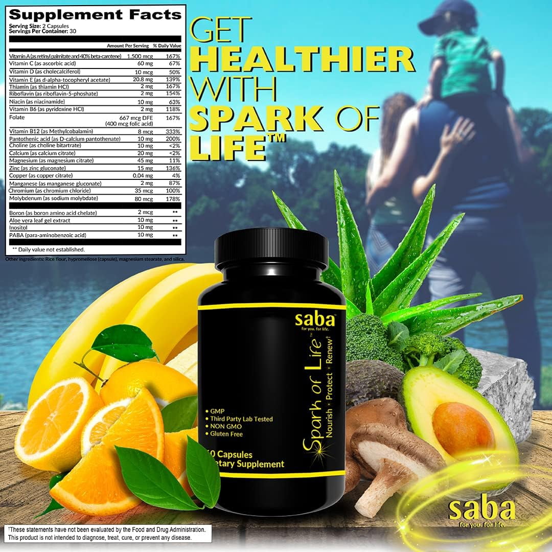 Saba Spark of Life™ - nourish, protect, and renew cellular health - Daily Multivitamins For Men & Women - 60 Veggie Caps