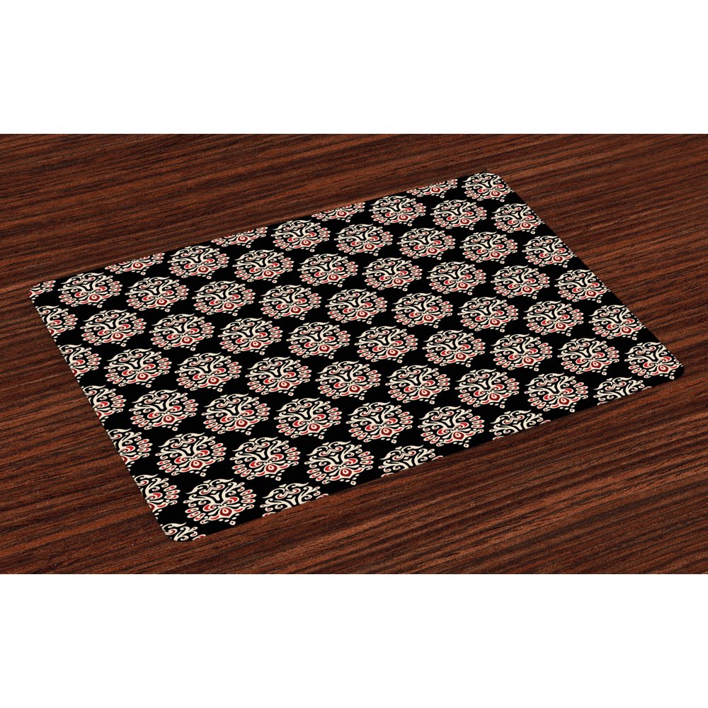 Damask Placemats Set of 4 Traditional Old Fashioned Abstract Motifs Floral Medieval Fashion